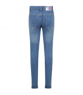 Light-blue jeans for girl with rhinestones and logo