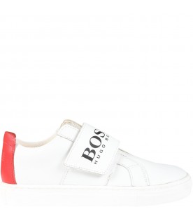White sneakers for boy with black logo