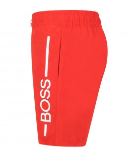 Red swim-boxer for boy with white logo