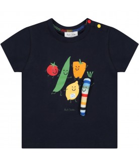Blue T-shirt for baby boy with vegetables and logo