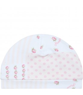 White hat for baby girl with floral print