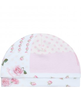 White hat for baby girl with floral print