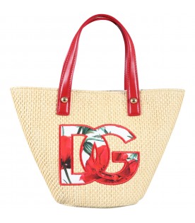 Beige bag for girl with logo and poppies