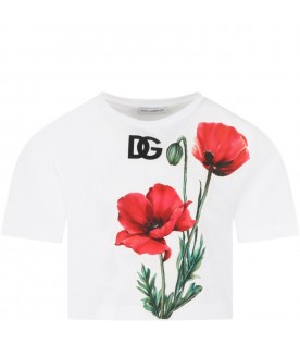 White t-shirt  for girl with logo and poppies