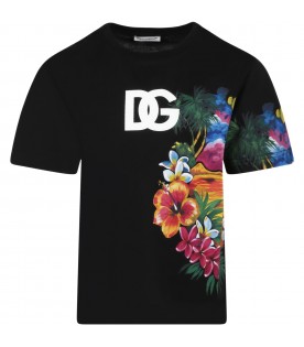 Black  t-shirt  for boy with flowers and logo