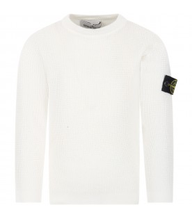 White sweater for boy with logo patch