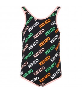 Black swimsuit for girl with multicolered logo all-over
