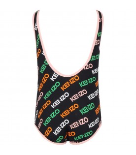 Black swimsuit for girl with multicolered logo all-over