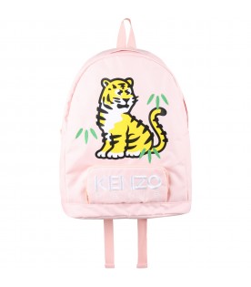 Pink backpack for girl with tiger print and logo