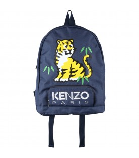 Blue backpack for boy with tiger print and logo