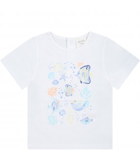 White T-shirt for baby boy with marine print