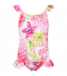 White swimsuite for girl with floral print and logo all-over