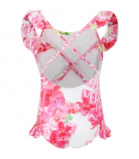 White swimsuite for girl with floral print and logo all-over