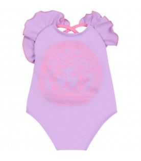 Violet swimsuite for baby girl with rouches and Medusa