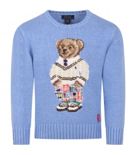 Light-blue sweater for boy with bear and logo