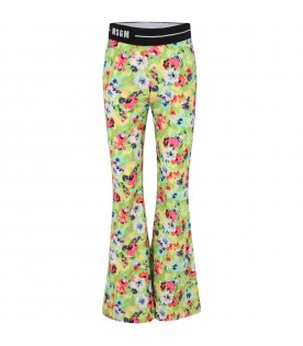 Green trousers for girl with flowers and logo