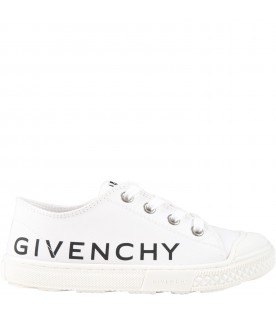 White sneakers for kids with black logo