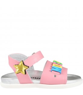 Pink sandals for girl with multicolor logo and star