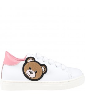 White sneakers for girl with Teddy Bear and logo