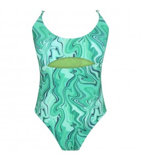 Green swimsuit for women with Malachite print