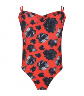 Red swimsuit for women with floral print