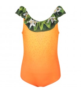 Orange swimsuit for girl with iconic logo