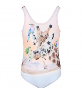 Multicolor swimsuit for girl with giraffes