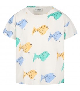 White T-shirt for boy with multicolor fishes