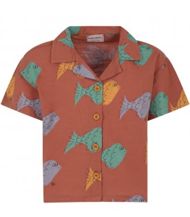 Brown shirt for boy with multicolor fish print