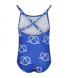 Blue swimsuit for girl with rope print and logo