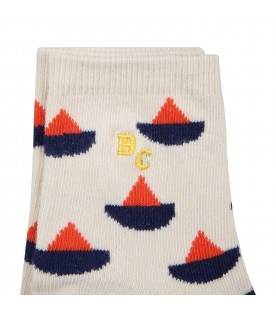 Ivory socks for boy with boat print all-over and logo