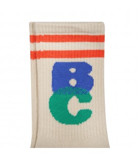 Beige socks for boy with iconic colored logo