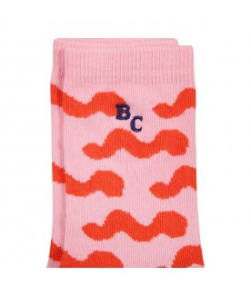 Pink socks for girl with red waves and logo
