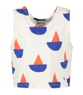 White tank top for girl with multicolor print all-over and logo