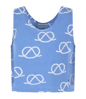 Sky blue t-shirt for girl with rope print all-over and logo