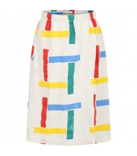 White skirt for girl with multicolor print all-over.