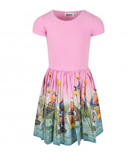 Pink dress for girl with all-over animals and flowers and logo