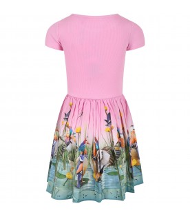 Pink dress for girl with all-over animals and flowers and logo