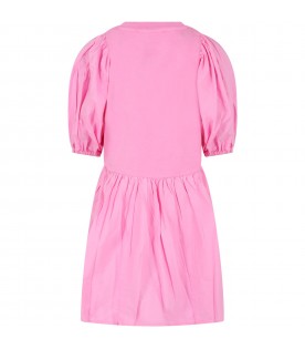 Pink dress for girl with ruffles and logo patch