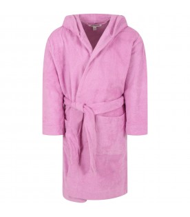 Pink terry-bathrobe for girl with logo patch