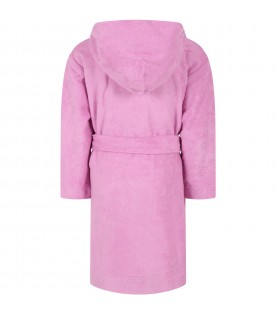 Pink terry-bathrobe for girl with logo patch