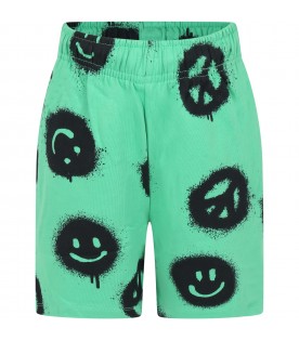 Green shorst for boy with all-over black prints