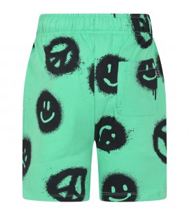 Green shorst for boy with all-over black prints