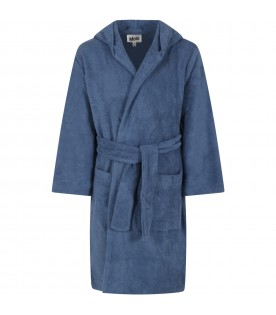 Blue terry-bathrobe for boy with logo patch
