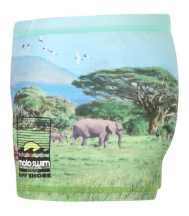 Multicolor swimming boxers for boy with animals, trees and logo