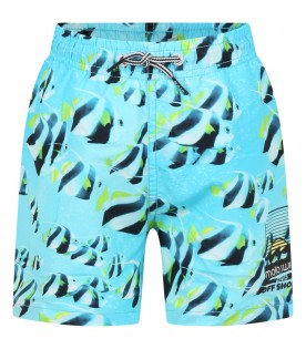 Sky blue swimming boxers for boy with all-over fishes and with logo
