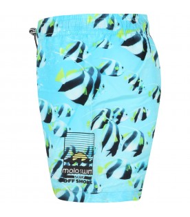 Sky blue swimming boxers for boy with all-over fishes and with logo
