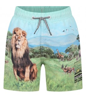 Multicolor swimming boxers for boy with animals, trees and logo