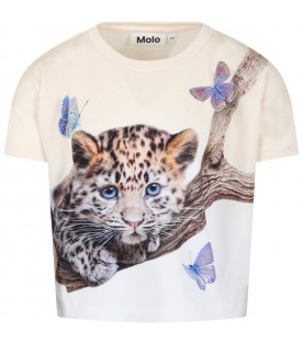 Ivory T-shirt for girl with tiger and butterflies