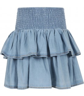 Light-blue skirt for girl with ruffles and logo patch